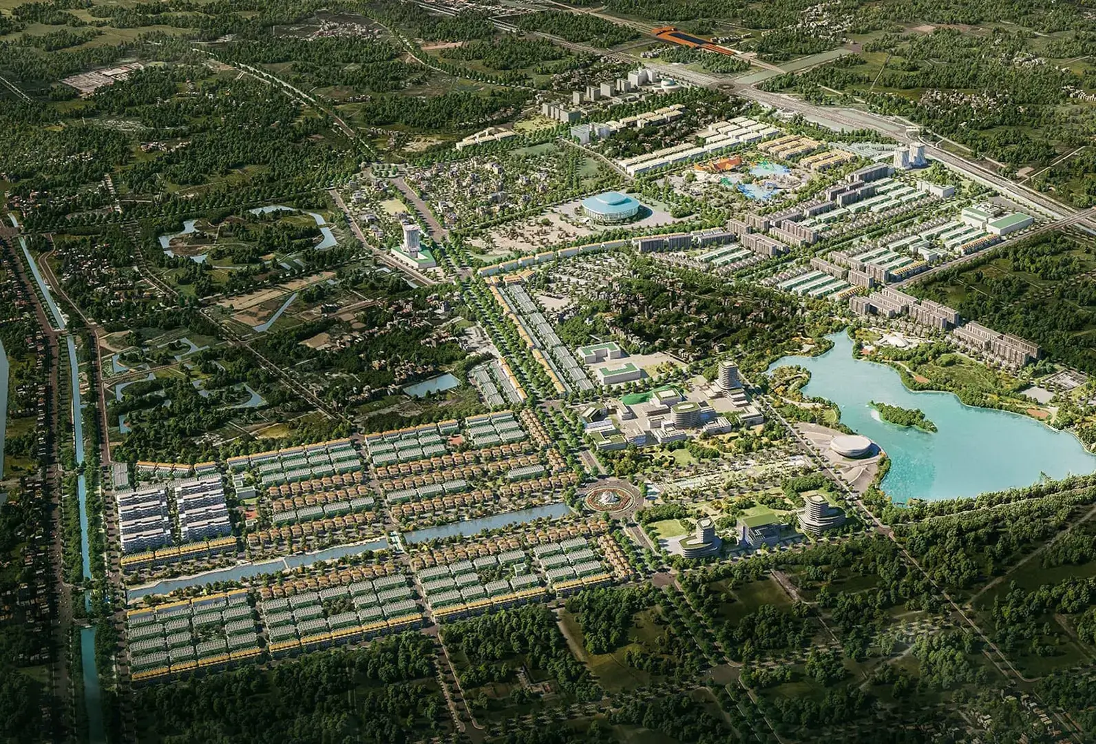 Phối cảnh tổng thể dự án Sun Bắc Ninh quy mô 496 ha tại Tiên Du và Từ Sơn, gồm các phân khu đô thị, hồ cảnh quan lớn và hệ thống tiện ích đồng bộ do Sun Group phát triển.