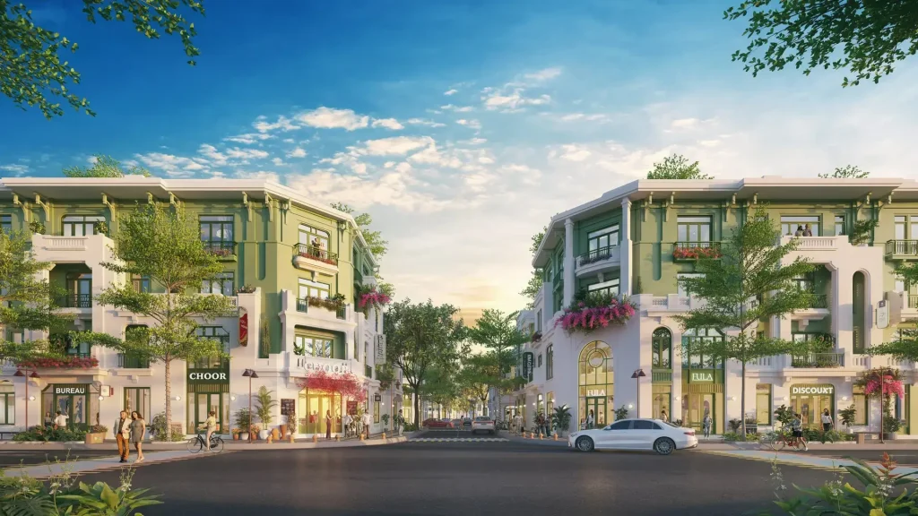 Dãy Shophouse với kiến trúc sang trọng, không gian ngập tràn sắc xanh, tạo nên khu phố thương mại sôi động bậc nhất.