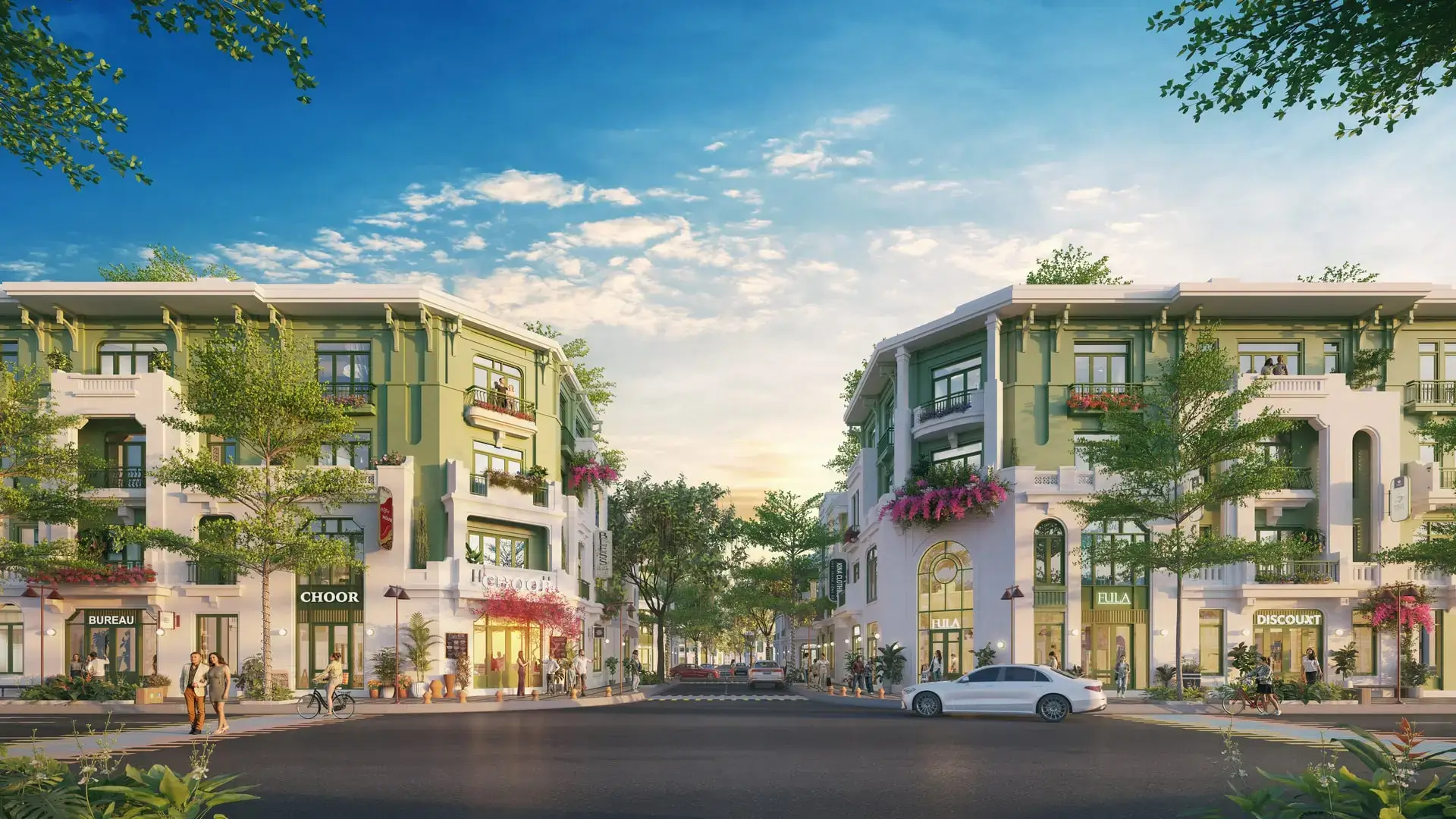 Dãy Shophouse với kiến trúc sang trọng, không gian ngập tràn sắc xanh, tạo nên khu phố thương mại sôi động bậc nhất.